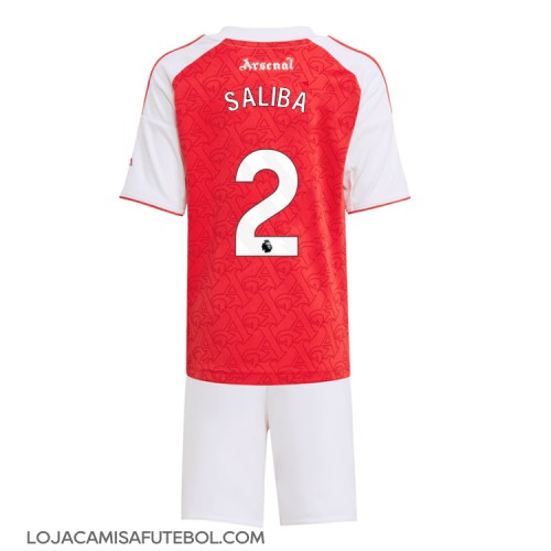 Camisa de Futebol Arsenal William Saliba #2 Equipamento Principal Infantil 2025-26 Manga Curta (+ Calças curtas)